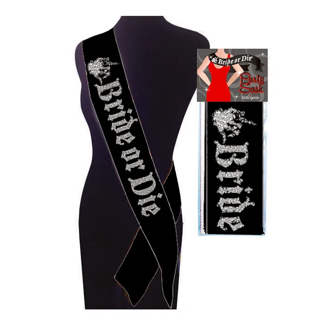 Black Bride or Die party sash with silver glitter text