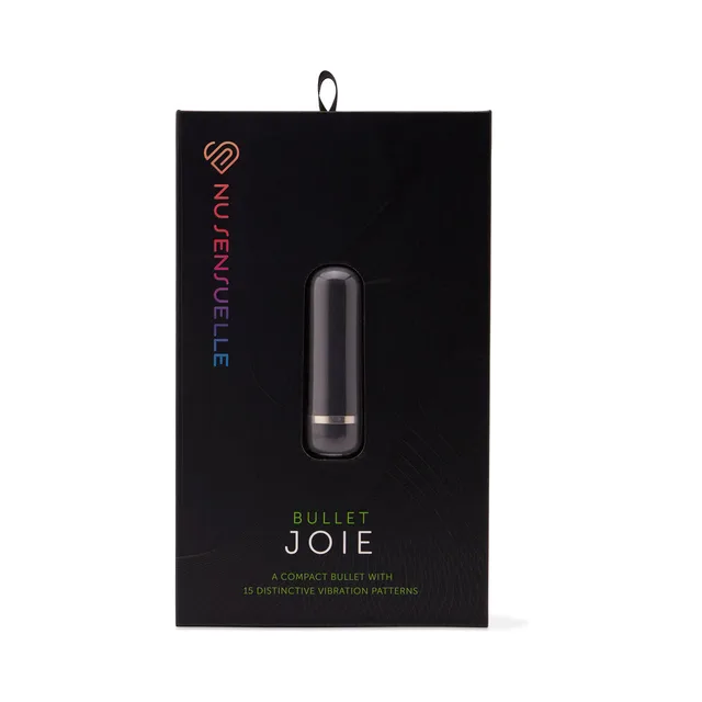 Nu Sensuelle Joie black bullet vibrator visible through its black retail box