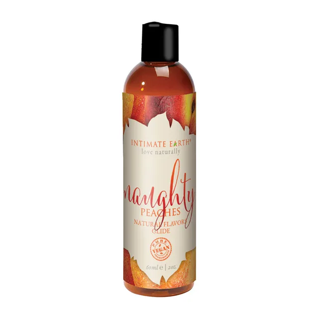 Intimate Earth Naughty Peach 2-ounce liquid upright bottle with black cap and peach artwork label