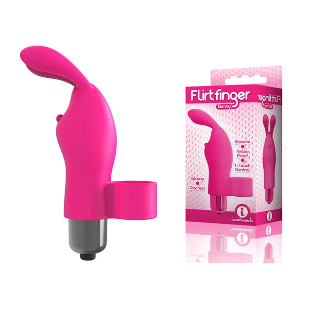 Pink Flirt Finger Bunny sleeve with bullet base beside retail box