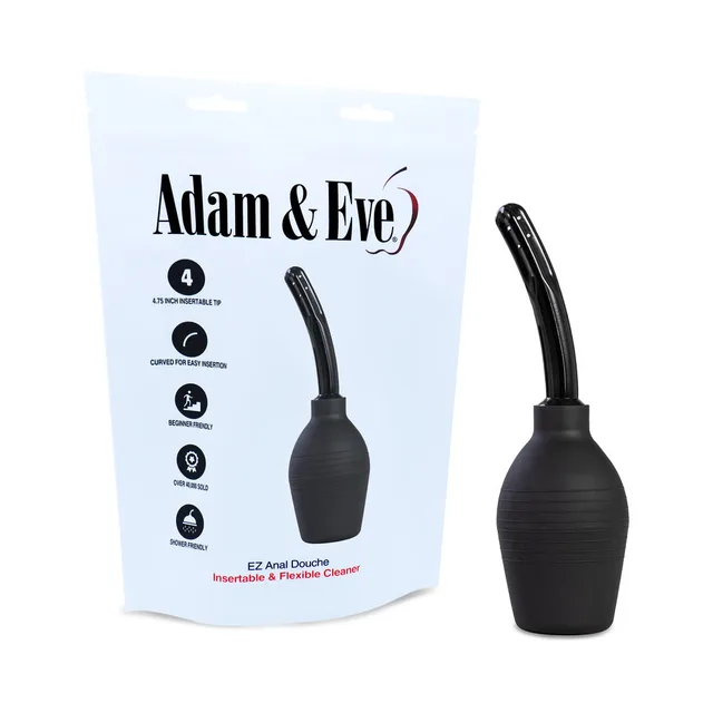 Adam & Eve EZ black flexible-tip anal douche beside white bag packaging