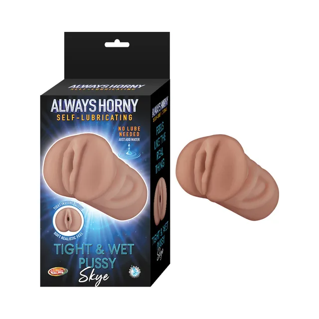 Always Horny Skye brown compact masturbator beside black retail box