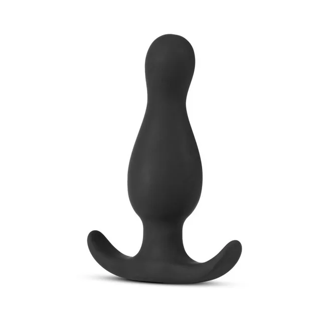 Front view of black curved plug with crescent flared base