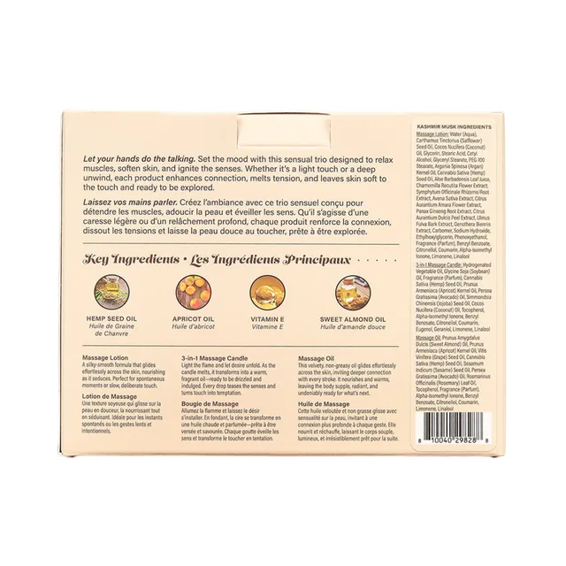 Back of Kashmir Musk Tranquility Trio box with ingredient panels