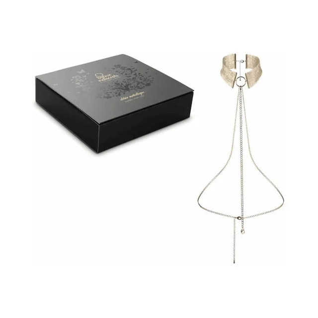 gold Desir Metallique mesh collar with long draped chains beside black presentation box