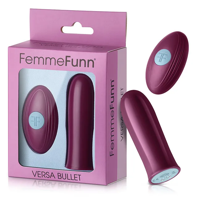 Dark fuchsia FemmeFunn Versa bullet, oval remote and retail box