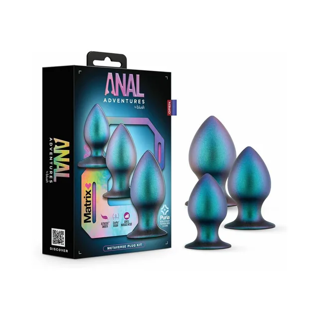 Blush Matrix Metaverse Dark Millenia silicone plug kit retail box with three teal-purple plugs