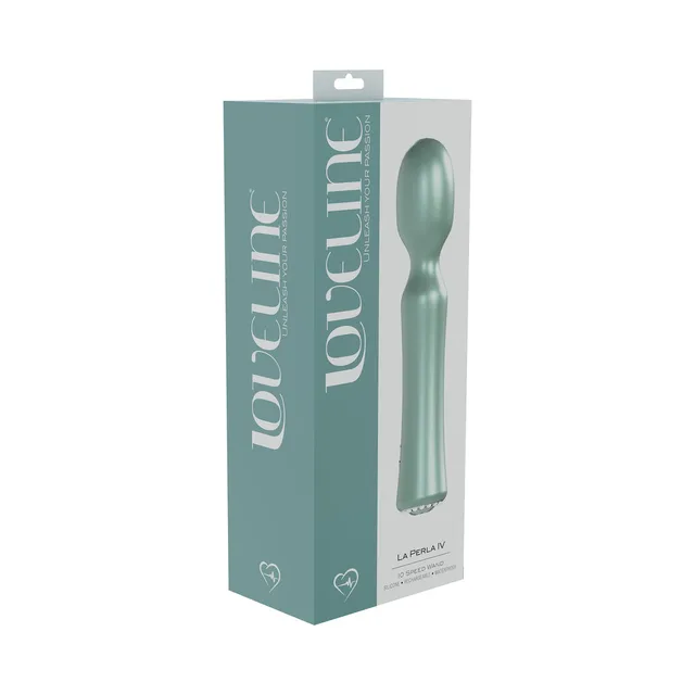 green LoveLine La Perla IV oval-head silicone wand pictured on teal box