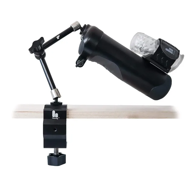 The Handy Handsfree Desk Mount clamped to tabletop