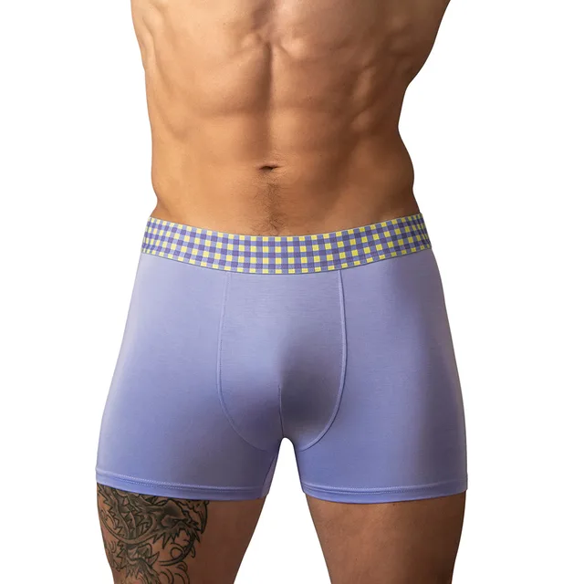 Male Power So Cumfy purple gingham boxer brief size S front view worn with a gingham waistband and solid pouch