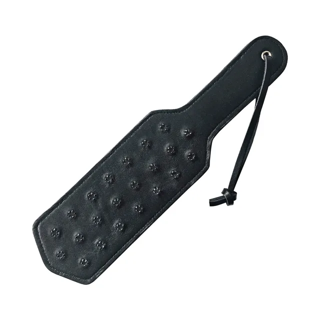 Black Rouge leather pin-prick paddle with metal spike clusters and wrist loop