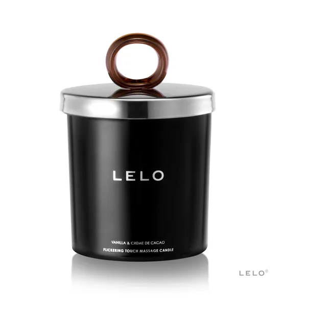 Black LELO Vanilla and Creme de Cacao candle jar with brown ring handle