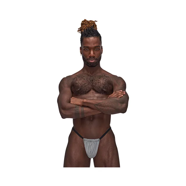 Close front view of gray Male Power Sexagon Posing Strap G-string