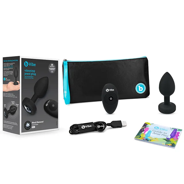 b-Vibe Black Diamond plug with retail box remote pouch cable and cards