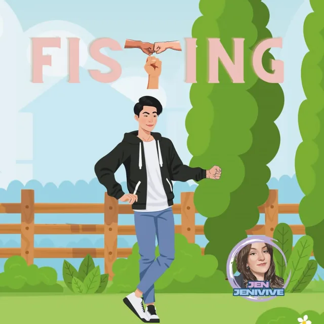Front cover of Fisting adult parody book with a man standing beside a fence, trees and a small author portrait