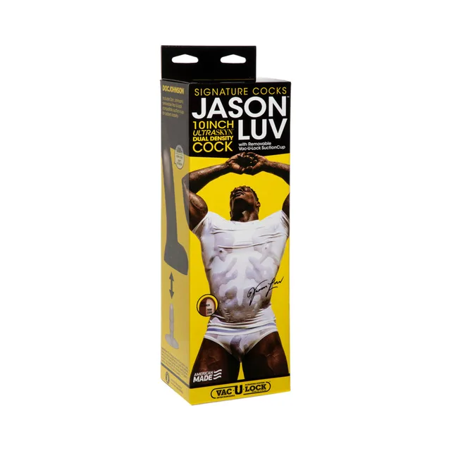 Doc Johnson Jason Luv dark-brown dildo beside yellow-and-black retail box