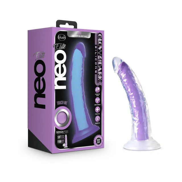 Neo Elite Light retail box beside translucent purple dildo