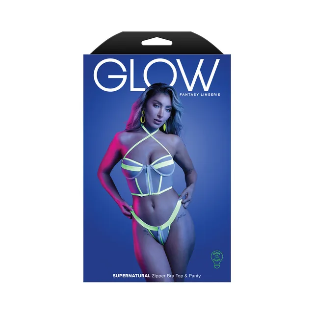 Model wearing L/XL white Supernatural zipper bra top and panty on box