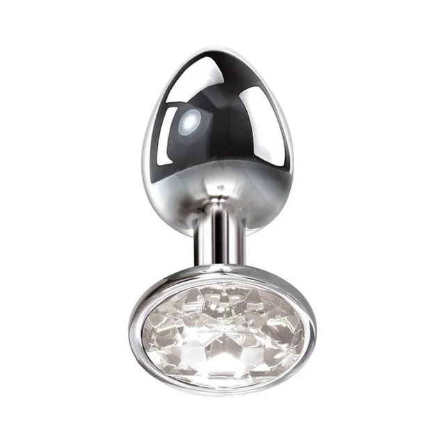 Adam & Eve Clear Gem Small metal anal plug upright view with teardrop tip and jewel base