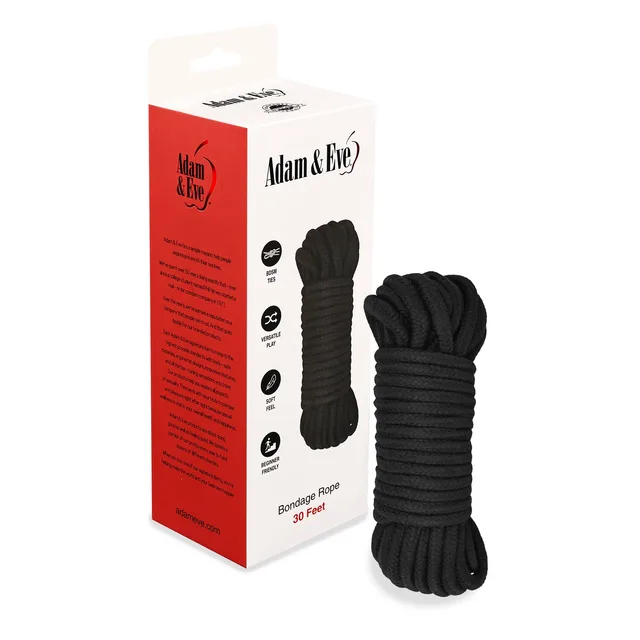 Adam and Eve black 30-foot bondage rope beside white and red retail box
