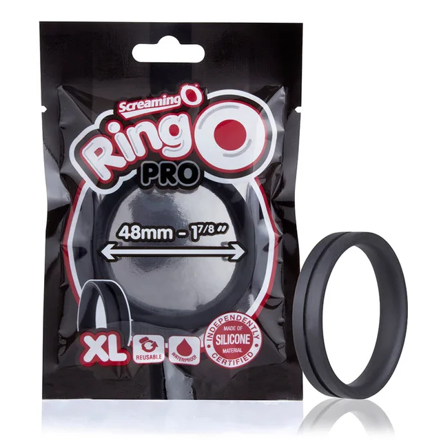 RingO Pro XL Black 48 mm silicone ring beside black retail pouch