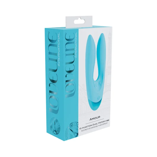 Blue Loveline Amour dual-arm vibrator in turquoise retail box