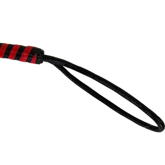 Close-up of red and black Prowler RED flogger handle and loop