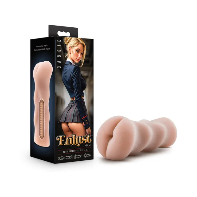 beige EnLust Cassie sculpted stroker with curved exterior folds beside box