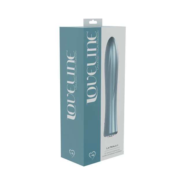 blue LoveLine La Perla II silicone vibrator pictured on teal retail box