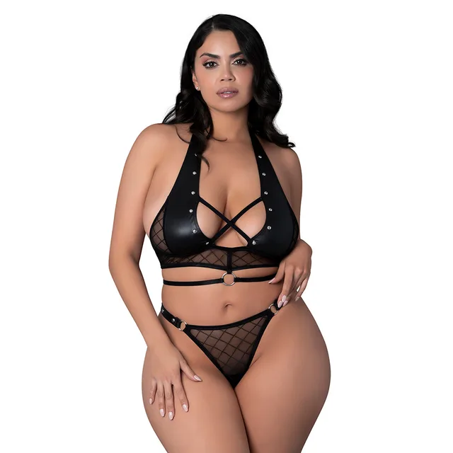 Lust Fetish Double Crossed Nadia queen-size black halter and ring thong set front view