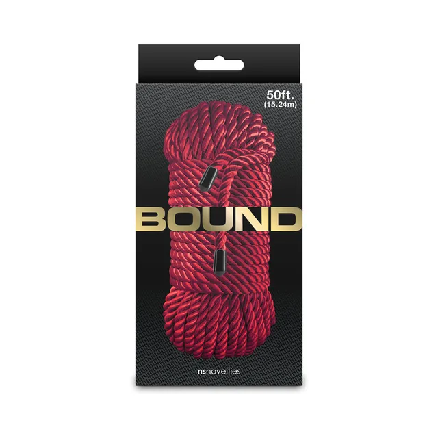 NS Novelties Bound 50 ft red rope coiled inside the black hanging retail sleeve