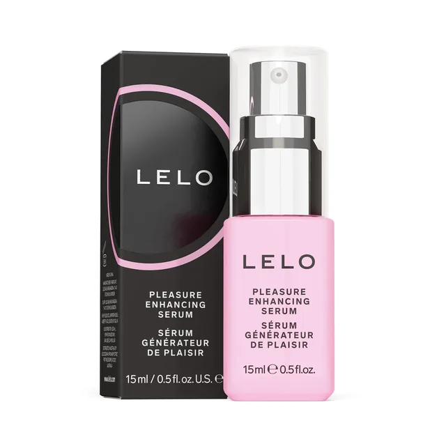 LELO Pleasure Enhancing Serum 0.5 oz pink pump bottle beside black retail carton