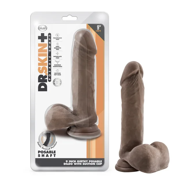 Dr. Skin Plus Thick brown 9-inch dildo beside retail package