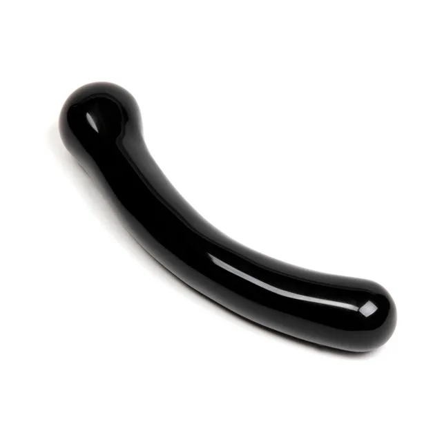 Angled view of glossy black Chakrubs Xaga Curve obsidian wand