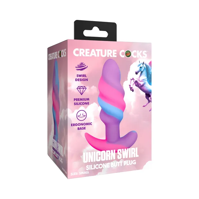 Small Creature Cocks Unicorn Swirl multicolor butt plug in box