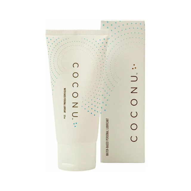 white Coconu water-based lubricant tube beside a cream dotted retail carton