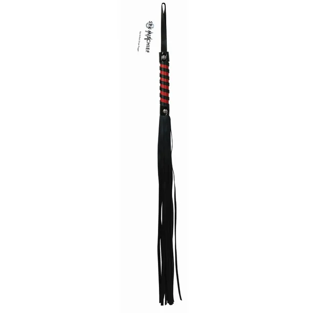 Black vinyl-tail flogger with striped red and black wrapped handle