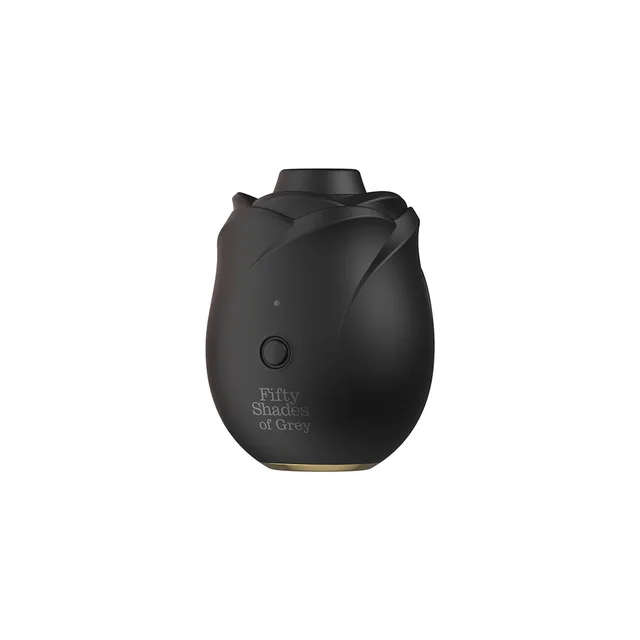 Fifty Shades Hearts and Flowers Rose 2.0 suction stimulator front view with sculpted petals, flared top and single button