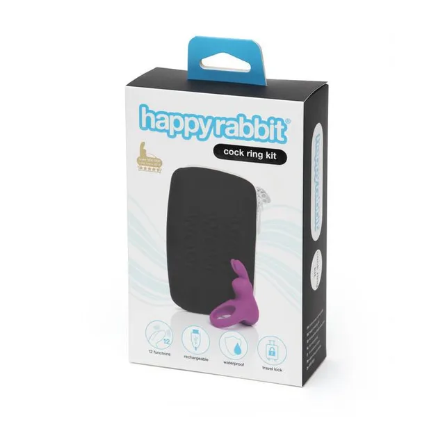 Happy Rabbit cockring kit box with purple rings and black pouch graphic
