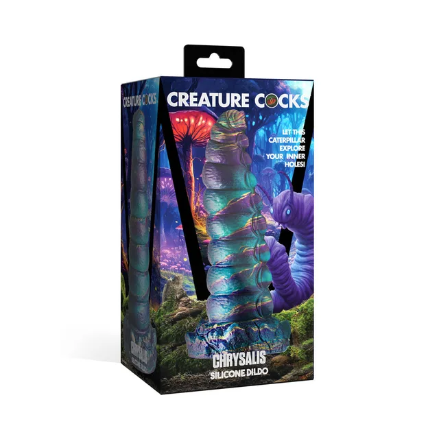 Creature Cocks Chrysalis multicolor segmented dildo beside illustrated retail box