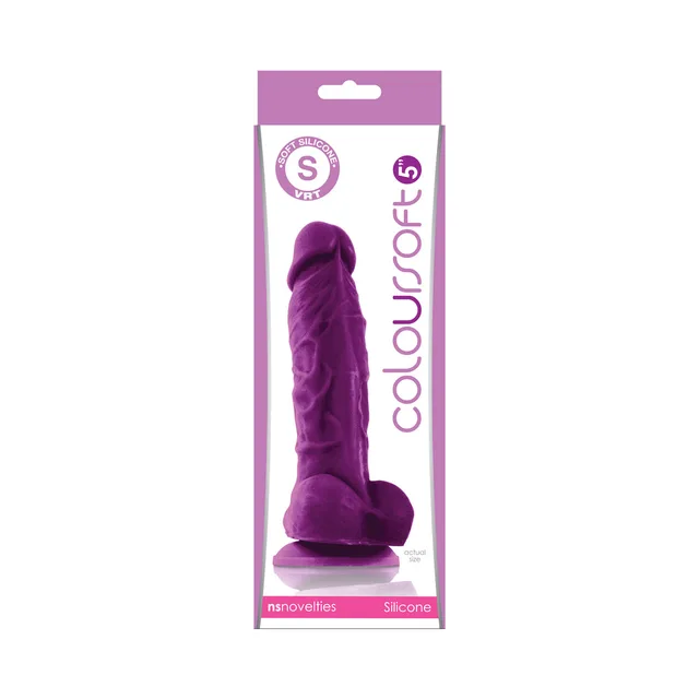 ColourSoft Purple Silicone Dildo 5 Inch upright in purple white retail box