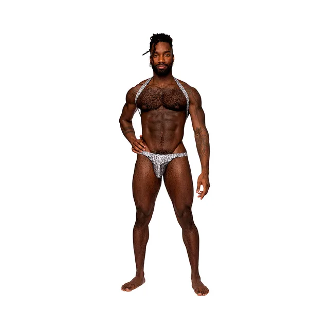 Front view of silver S'naked shoulder sling thong
