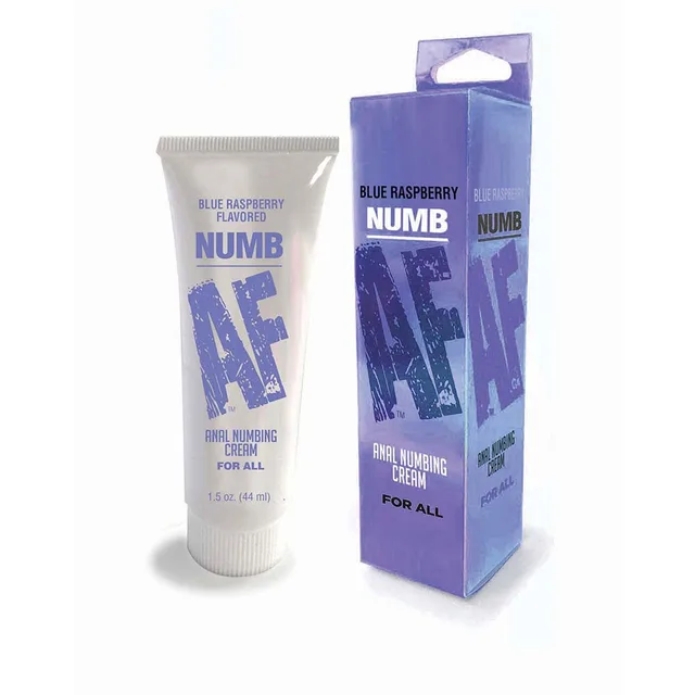 Blue Raspberry white cream tube beside purple and blue box