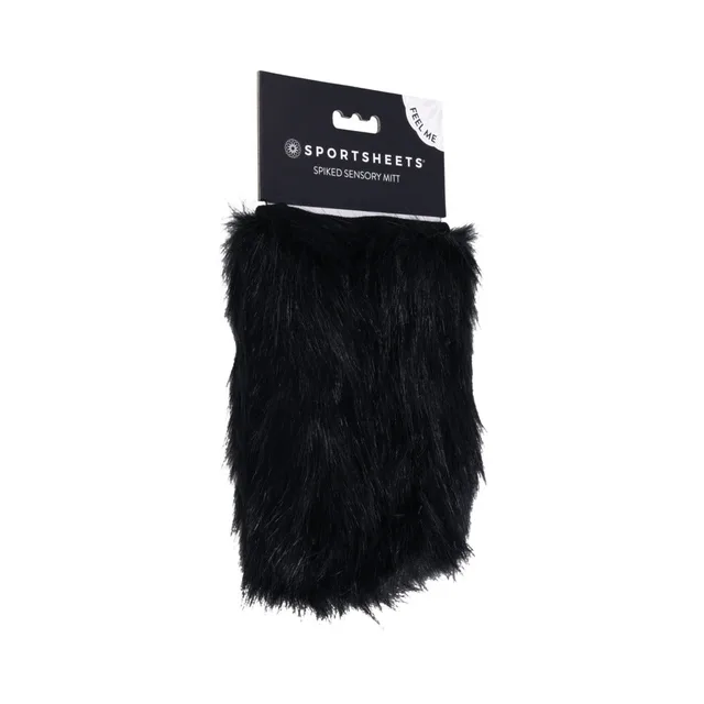 Sportsheets black faux-fur sensory mitt pictured beside retail box