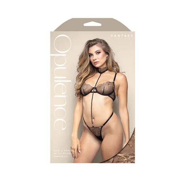 Opulence black pearl harness bra set S/M retail box