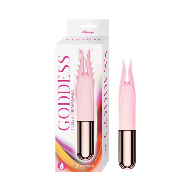 light pink Goddess Tickled Pink massager with split twin-tip head beside retail box