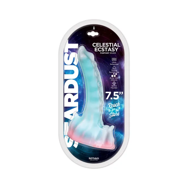multicolor Stardust Celestial Ecstasy 7.5-inch dildo in clear clamshell