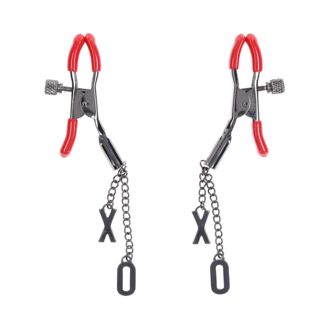 Pair of upright gunmetal nipple clamps with red tips and dangling letter charms