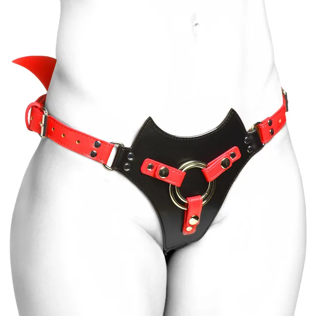 Majestic Maelith black-and-red strap-on harness front fit on a white mannequin