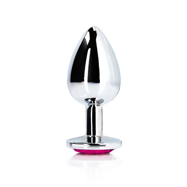 Shots Ouch medium silver metal butt plug with pink heart gem upright tapered plug